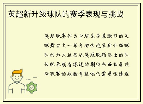 英超新升级球队的赛季表现与挑战
